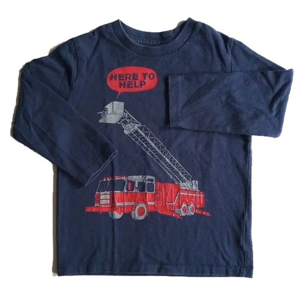 Baby Gap Here To Help Firetruck Long Sleeve T-shirt 2 2T 2Y Fireman Blue Red